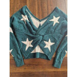 Starry Teal Blue Rain Francescas Knitted Sweater V-Neck Twist Front S